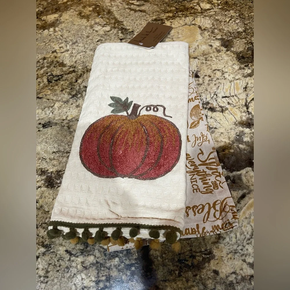 Nicole Miller home embroidered kitchen towel set - luxury details pumpkin - NEW!